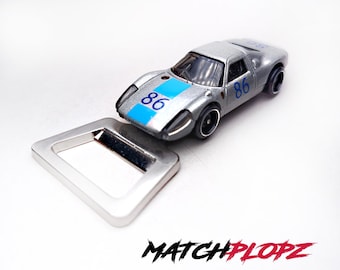Porsche 904 - Abridor de botellas (modelo de coche, juguete, MATCHPLOPZ), regalo vintage retro para cumpleaños, hombre, amigo, coche plateado
