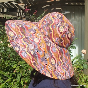 Wide Brim Sun Hat Women. Pure Cotton.  Individually designed and made. (Travelling Dreaming  indigenous pattern from Jijaka Australia)