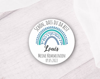 24 personalisierte Schön, dass du da bist Sticker - blauer Boho Regenbogen 16 - zur Taufe / Kommunion / Konfirmation / Jugendweihe ivm