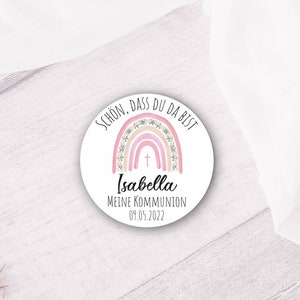 24 personalisierte Schön, dass du da bist Sticker - rosa Boho Blumen Regenbogen mit Kreuz - zur Taufe / Kommunion / Konfirmation