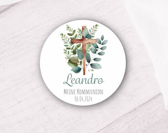 24 Christian eucalyptus stickers with cross for baptism, communion or confirmation - personalized