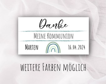 40 Danke Aufkleber zur Taufe, Kommunion oder Konfirmation - mit Regenbogen blau, rosa oder salbei personalisiert