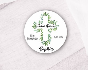 24 Christian Thank You Eucalyptus Stickers with Cross for Baptism, Communion or Confirmation - personalized