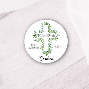 24 christliche Vielen Dank Eukalyptus Aufkleber mit Kreuz zur Taufe, Kommunion oder Konfirmation - personalisiert