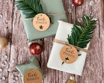 10 round Christmas gift tags, Merry Christmas - with star made of kraft paper