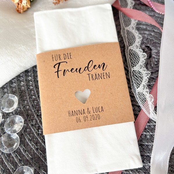 DIY Freudentränen Banderole für Taschentücher aus Kraftpapier - Hochzeit - personalisiert - mit Herzmotiv