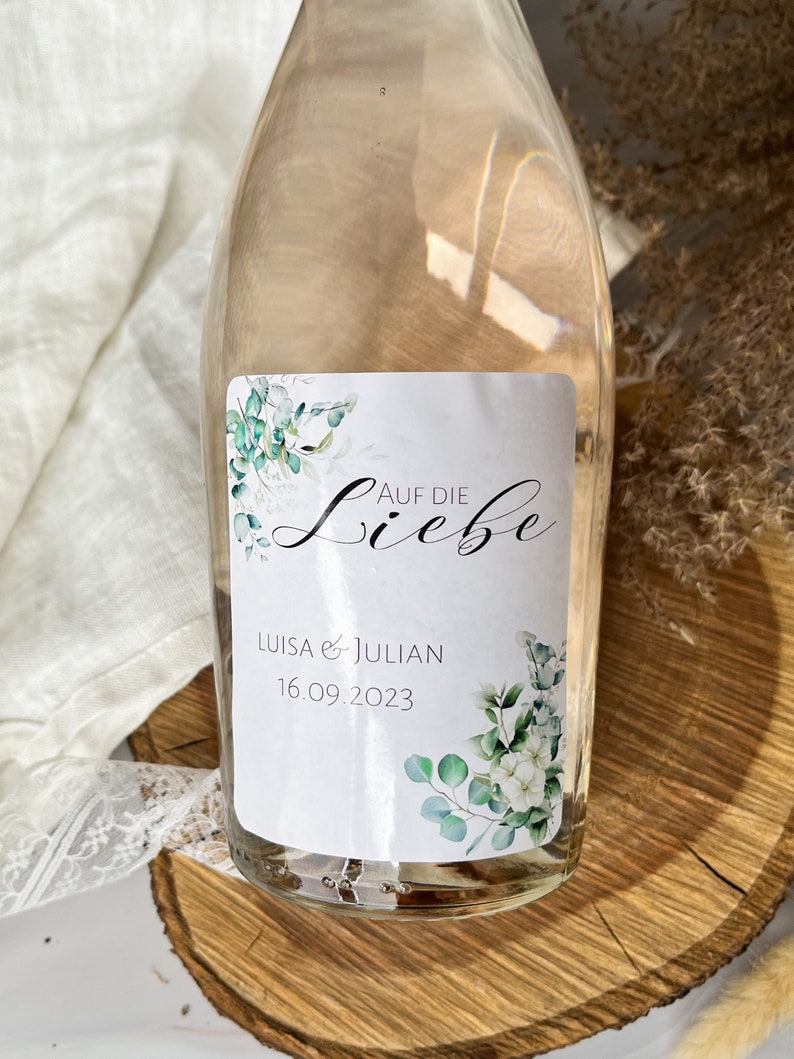 Personalized bottle labels for weddings, JGA Here's to love minimalistic with eucalyptus for Piccolo & normal bottles image 3