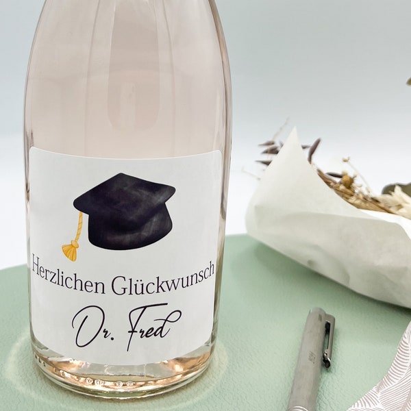 personalisierte Flaschenetiketten als Geschenk zum Abschluss - Abitur, Bachelor, Master, Promotion, Doktortitel - mit Doktorhut