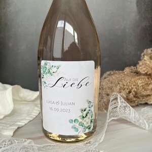 Personalized bottle labels for weddings, JGA Here's to love minimalistic with eucalyptus for Piccolo & normal bottles image 2