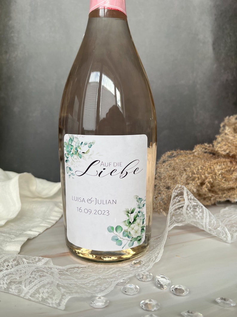 Personalized bottle labels for weddings, JGA Here's to love minimalistic with eucalyptus for Piccolo & normal bottles image 2