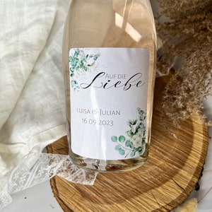 Personalized bottle labels for weddings, JGA Here's to love minimalistic with eucalyptus for Piccolo & normal bottles image 1