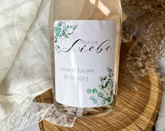 Personalized bottle labels for weddings, JGA - Here's to love | minimalistic with eucalyptus - for Piccolo & normal bottles