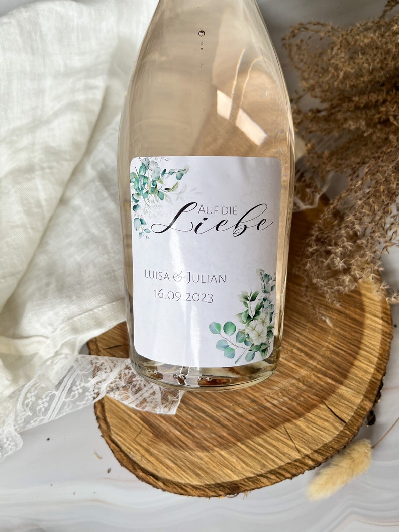 Personalized bottle labels for weddings, JGA Here's to love minimalistic with eucalyptus for Piccolo & normal bottles image 1