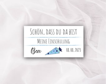 40 autocollants carrés "Nice you're there" pour l'inscription à l'école - en bleu clair avec sac d'école, personnalisés avec le nom et la date