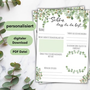 Gepersonaliseerde gastenboekkaarten voor communie/bevestiging met eucalyptus - PDF-bestand om te downloaden en zelf af te drukken