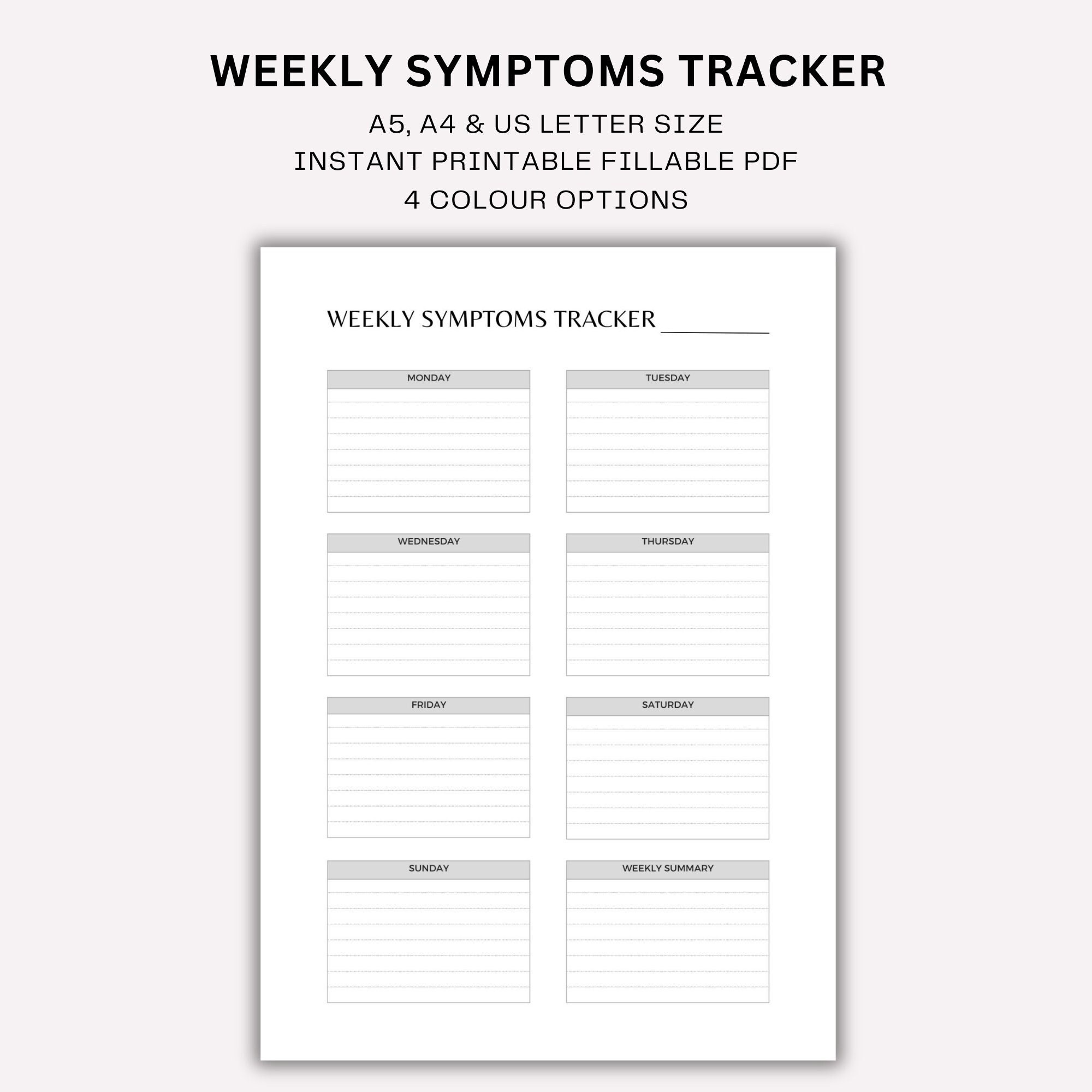 Weekly Symptoms Tracker Printable, Medical Planner, Medical Log ...
