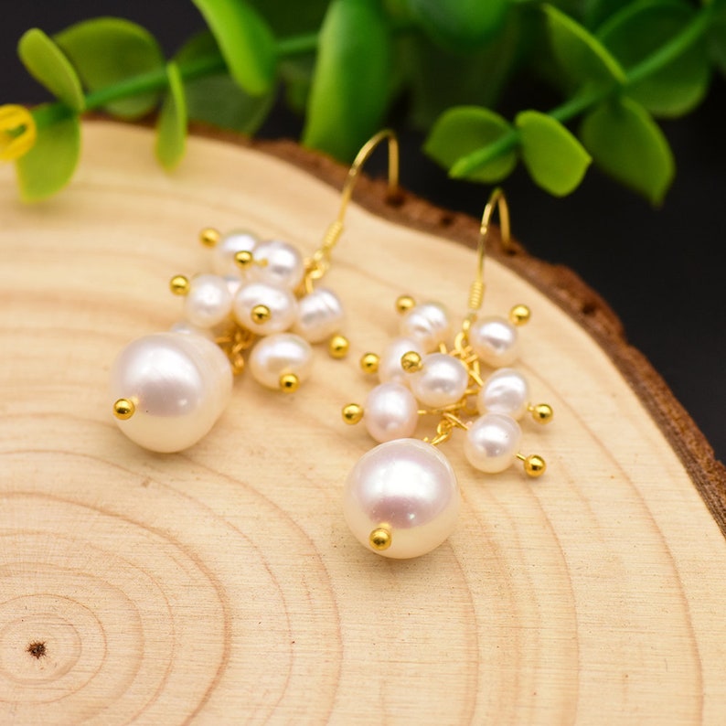 GLSEEVO Original Drop Earrings For Women Natural Fresh Water White Pearl Dangle Earrings Wedding Gift Silver 925 Jewelry GE0658