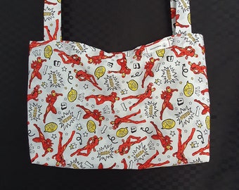 Red Flying Man - Super hero - Eco Friendly reusable grocery bag - home made shopping bag - compact market bag - Handmade