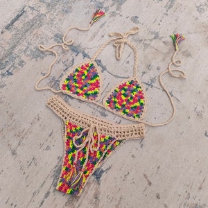 Bikini suit handmade crocheted colorful tie-dye woven beach swimwear