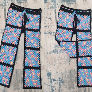 Multi-color tie-dyed hand-crocheted splicing square trousers beach hollow trousers spring and autumn pants