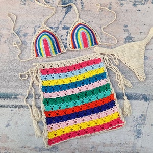 Women&#39;s 3-Piece Set Bikini Hand Crochet Summer Beach Multicolor Top and Thong and Skirt