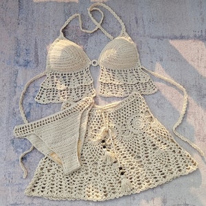 Hand Crochet Beachwear Double Petal Tassel Tankini Top Cheeky Bottom and A-line Skirt Women&#39;s 3-Piece Set
