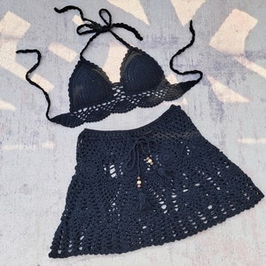2-Piece Set Woven Summer Beachwear Hand Crochet Tankini Top and A-line Skirt
