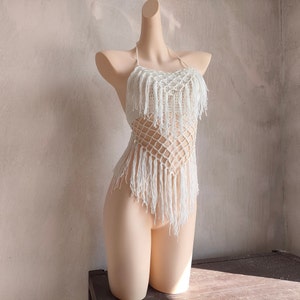 Hand-crocheted fringed cutout mesh bikini top  Hawaii Clothing Cover Up White
