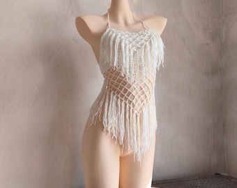 Hand-crocheted fringed cutout mesh bikini top  Hawaii Clothing Cover Up White
