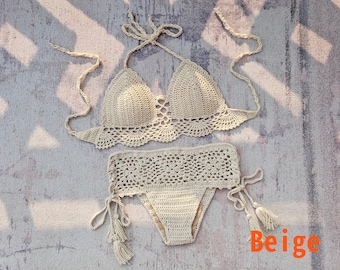 Top bikini in pizzo all'uncinetto fatto a mano e nappa con cordino a vita alta, set da 2 pezzi per festa in spiaggia C001A