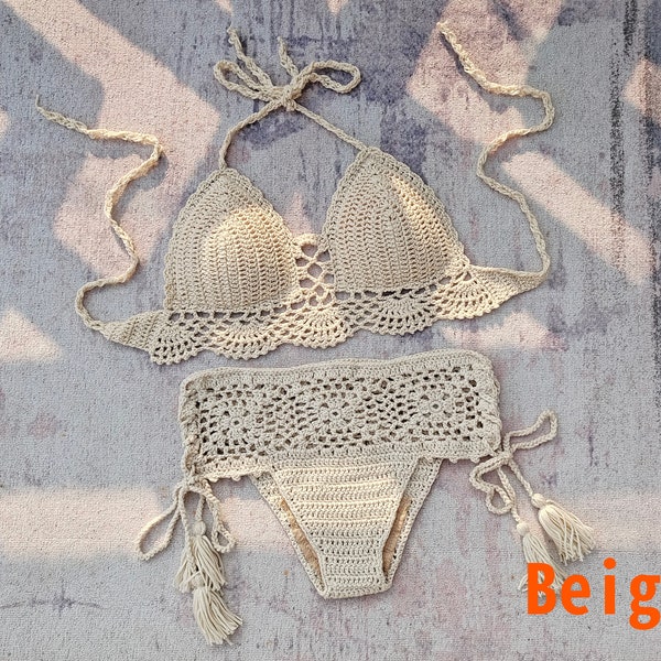 Hand Crochet Bikini Lace Top And Tassel Tie Rope High Waist Bottom Beach Party Fashion 2-piece Set C001A