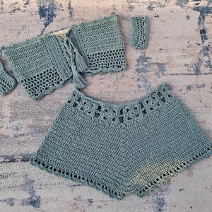 Women's Summer Beach 2-Piece Set Hand Crochet Woven Tassel Tube top and hot pants