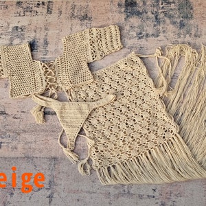 Short Sleeves Tee Backless Top and Brazilian Thong Bikini Set Long Fringe Wavy Skirt 3-Piece Set
