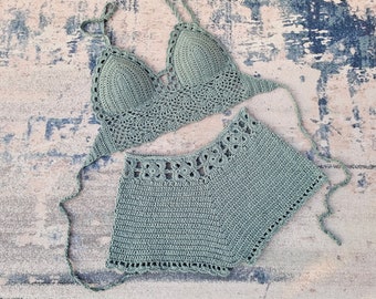 Summer Beach Women's Bikini 2-Piece Set Hand Crochet Woven Tankini top and hot pants