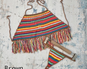 Hand Crochet Woven Multicolor Tassel Bikini Tube Top and Thong 2-Piece Set