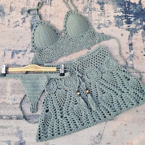 3-Piece Set Bikini Summer Beach Woven Tankini Hand Crochet top Tong bottom and A-line Skirt