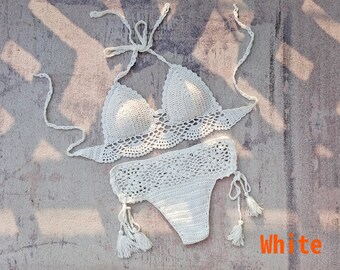 Hand Crochet Beachwear Tankini Top And Tassel Tie Rope High Waist Bottom Beach 2-piece Set Bikini
