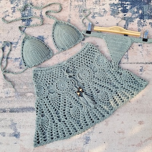 3-Piece Set Woven Summer Beach Bikini Hand Crochet top Brazilian bottom and A-line Skirt