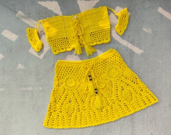 Women's Summer Beach 2-Piece Set Hand Crochet Woven Tassel Tube Top and A-line Skirt