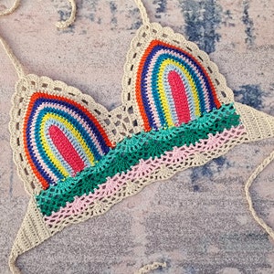Colorful Stripe Panel Hand Crochet Backless Tankini Top Ties Halter Neck 4 colors