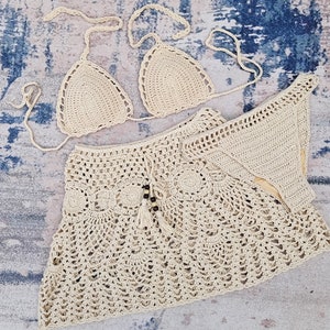 Woven Summer Beach Bikini 3-Piece Set Hand Crochet top Standard bottom and A-line Skirt