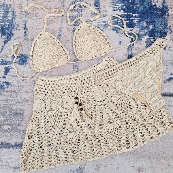 Woven Summer Beach Bikini 3-Piece Set Hand Crochet top Standard bottom and A-line Skirt