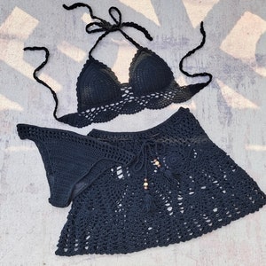 3-Piece Set Woven Summer Beachwear Hand Crochet Tankini Top Cheeky Bottom  and A-line Skirt