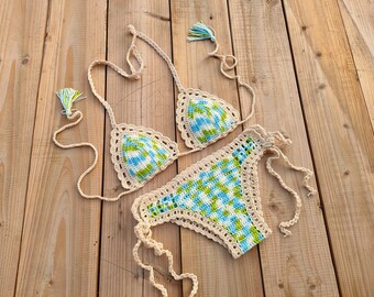 Hand crocheted colorful swimwear tie-dye women's beach bikini 2-piece set