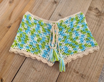 Crochet knit mesh shorts tie-dye mixed color beach hot pants