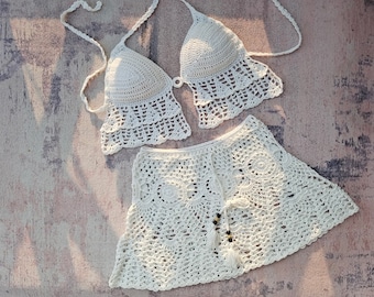 Hand Crochet Bikini Double Petal Tassel Top and A-line Skirt Women&#39;s 2-Piece Set