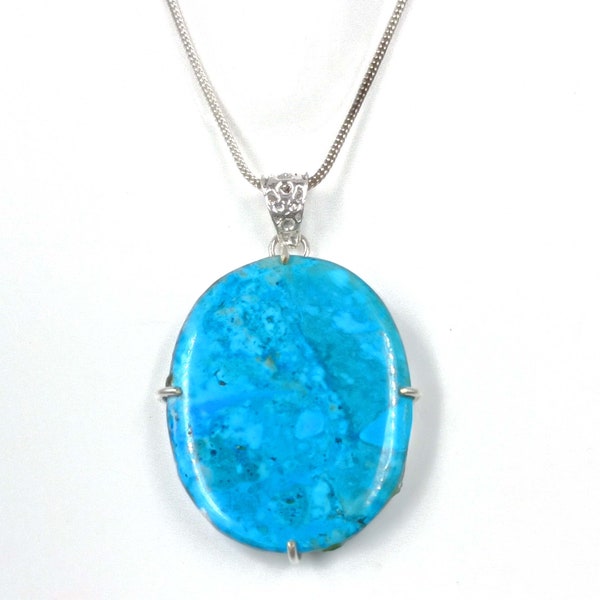 Exclusive Stone 93.35 Ct Certified Blue Turquoise Pendant 925 steeling silver With Free Chain Oval Shape 53x33x08 mm High-class Quality OKI