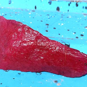 Puede incluir: Una gema de rubí en bruto, sin cortar, de color rojo intenso. El rubí tiene una superficie texturizada y una forma irregular, sobre una superficie azul. La imagen está bien iluminada, resaltando las características naturales de la piedra.