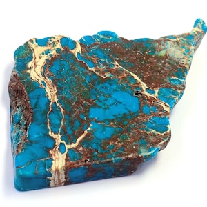 May include: A polished, irregularly shaped stone with a vibrant turquoise base color. The stone features intricate patterns of brown and cream-colored veins, creating a unique and natural design. The stone's edges are rough and textured.