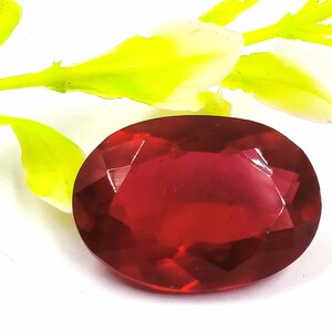 May include: A deep red oval-shaped gemstone with a faceted cut. The gemstone is set against a white background with green leaves.